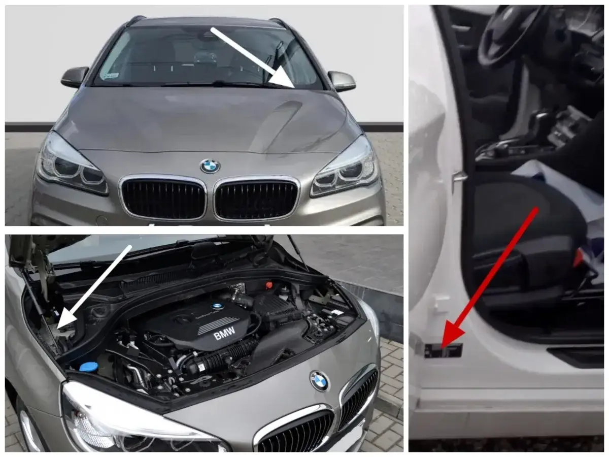 BMW z otwartą maską i widocznym silnikiem, tabliczka znamionowa w drzwiach. Sprawdź akcje serwisowe BMW.