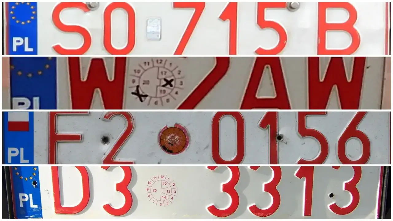 Czerwone tablice rejestracyjne z białymi literami: SO-715B, WZAW, F2-0156, D3-3313.