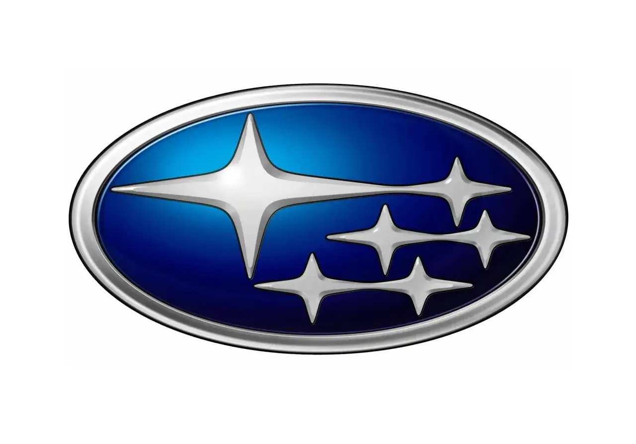 Logo Subaru, japońskiej marki samochodów, z sześcioma gwiazdami na niebieskim tle.