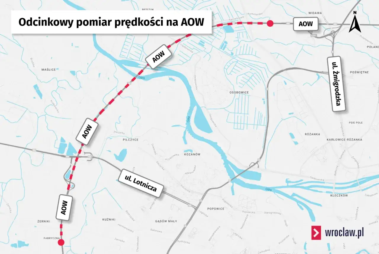 Mapa Wrocławia z zaznaczonymi odcinkowymi pomiarami prędkości na AOW, w tym na ul. Lotnicza i ul. Żmigrodzka.