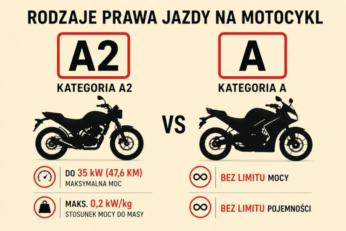 Porównanie kategorii A2 i A prawa jazdy na motor. A2 to ograniczenia mocy i stosunku mocy do masy, A to jazda bez limitów.