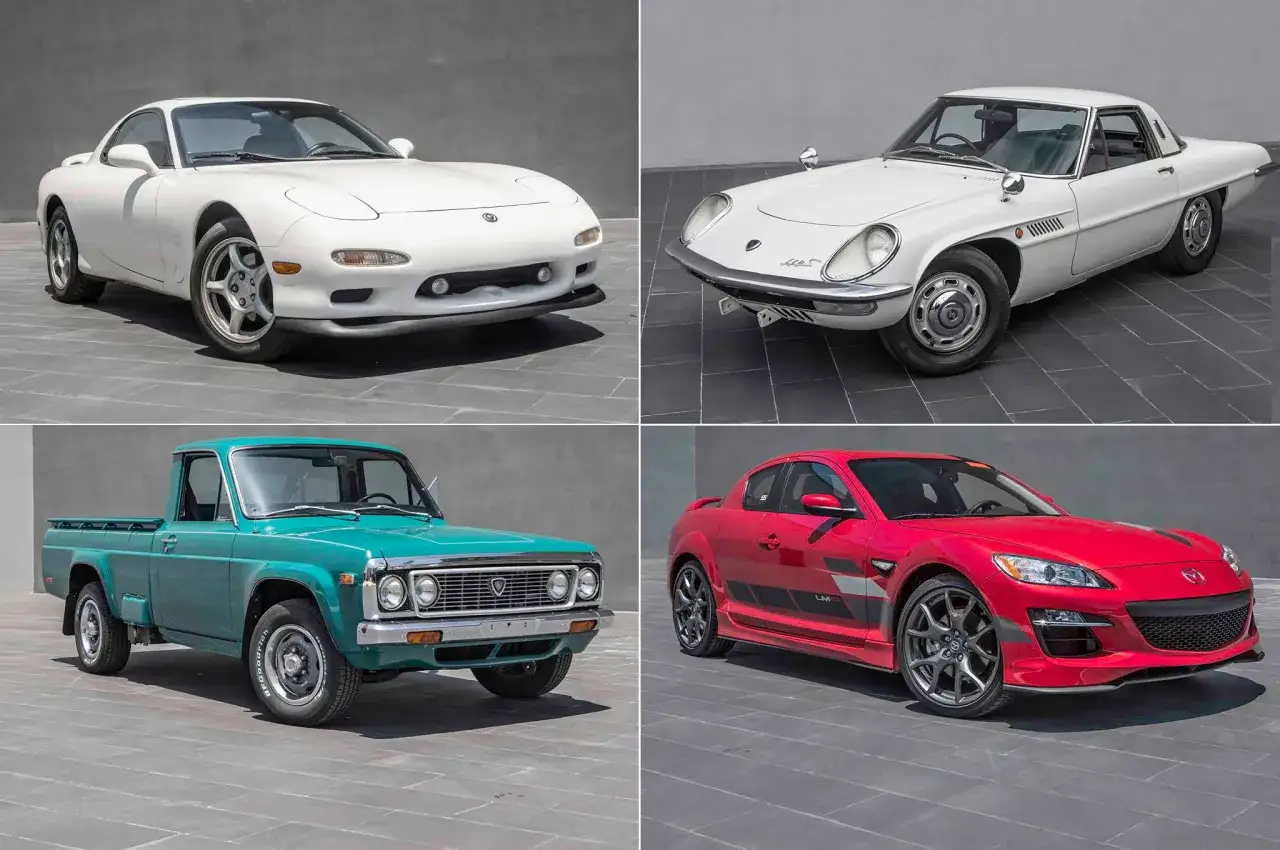 Biała Mazda RX-7, biała Mazda Cosmo, zielony pickup Mazda B-Series i czerwona Mazda RX-8. Te auta łączy silnik Wankla.
