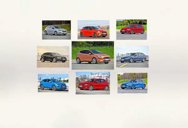 Kompilacja aut, które uchodzą za najmniej awaryjne: srebrny Opel, pomarańczowy Ford, czerwony VW, czarny Audi, niebieski BMW, niebieski Nissan, czerwony VW, niebieski Ford.