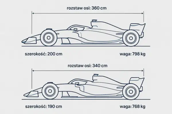 Dwa schematyczne rysunki samochodu formuły 1 z wymiarami: rozstaw osi, szerokość i waga.
