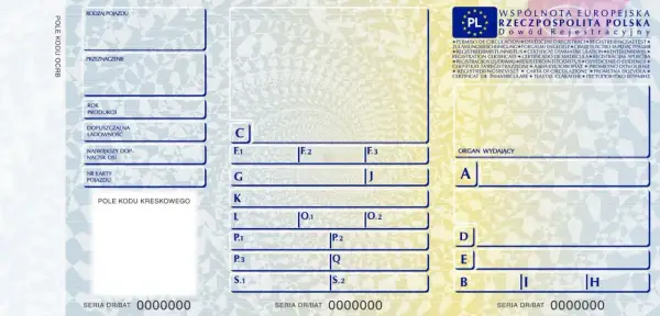 Dowód rejestracyjny pojazdu, zawierający informacje o typie pojazdu, przeznaczeniu, roku produkcji i dopuszczalnej ładowności.