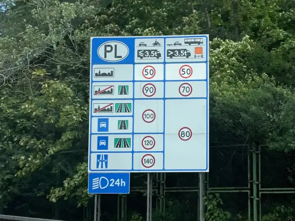 Znak drogowy PL: samochody osobowe z przyczepką do 3,5t mogą jechać 90 km/h, a powyżej 3,5t 70 km/h.