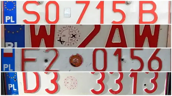 Czerwone tablice rejestracyjne z białymi literami: SO 715 B, WZAW, F2 0156, D3 3313.