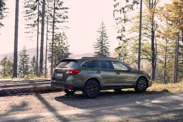 Zielone auto z napędem 4x4 zaparkowane na leśnej drodze wśród drzew.
