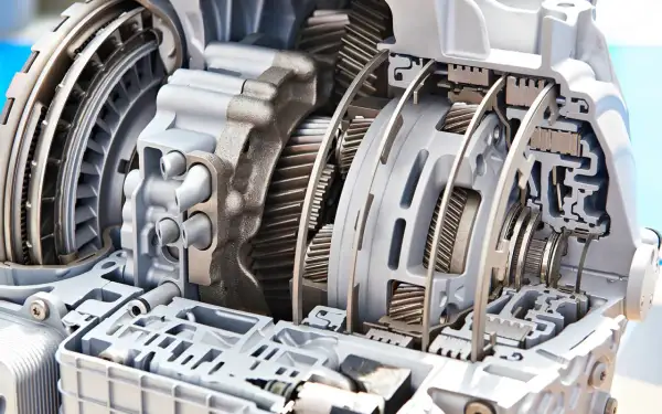Przekładnia automatyczna w przekroju, pokazująca mechanizm, jak działa automatyczna skrzynia biegów, z widocznymi kołami zębatymi i elementami hydraulicznymi.