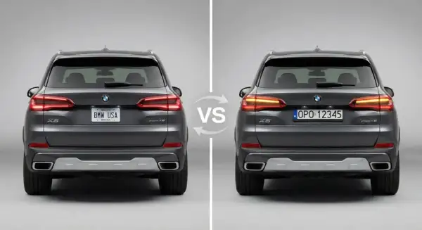 Dwa BMW X5, jedno z tablicą "BMW USA", drugie z polską. Czy BMW jest drogie w utrzymaniu? Porównanie modeli.