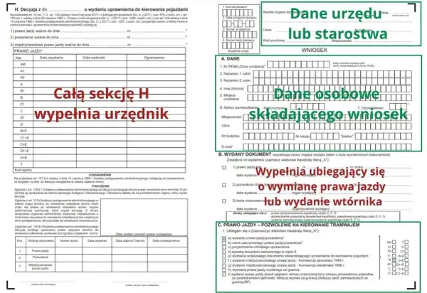 Formularz wniosku o wydanie lub wymianę prawa jazdy. Wypełnia go osoba, która musi wymienić prawo jazdy lub ubiega się o nowe.