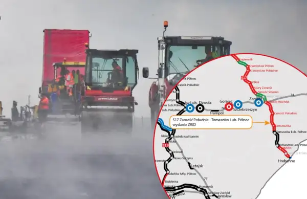 Budowa drogi ekspresowej S17 w deszczu. Maszyny drogowe pracują, a na mapie zaznaczono odcinek S17 Zamość Południe - Tomaszów Lub. Północ.