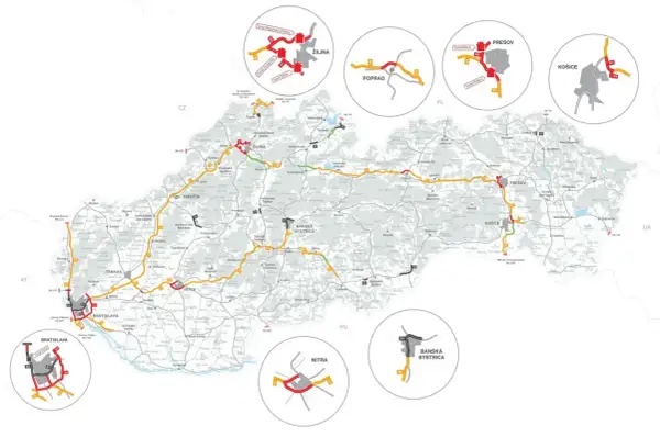 Mapa Słowacji z zaznaczonymi drogami. Czy autostrada A4 jest płatna? Na mapie widać drogi krajowe i autostrady, niektóre oznaczone jako płatne.