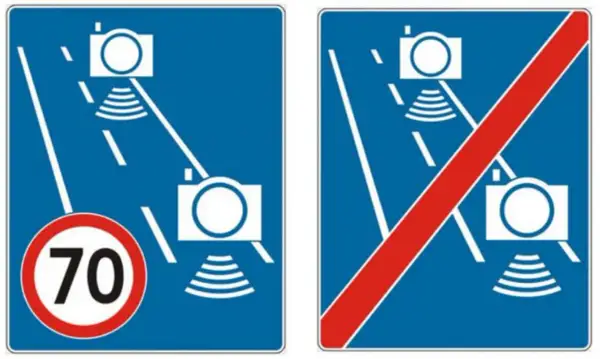 Znaki drogowe informujące o odcinkowym pomiarze prędkości. Lewy znak: ograniczenie do 70 km/h i kamery. Prawy znak: koniec odcinkowego pomiaru prędkości.