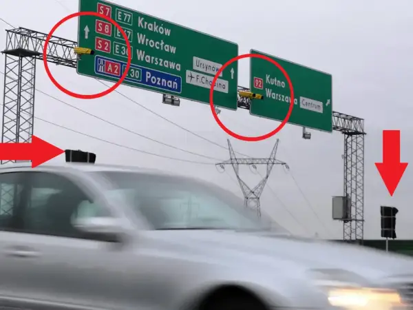 S8 odcinkowy pomiar prędkości na autostradzie. Kamery nad drogą monitorują kierowców jadących do Krakowa, Wrocławia, Warszawy i Poznania.