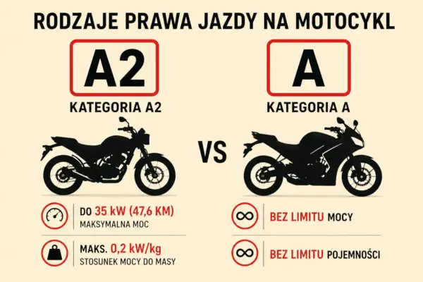 Porównanie kategorii A i A2 prawa jazdy na motor. Kategoria A2 ma ograniczenia mocy i stosunku mocy do masy, A nie ma limitów.