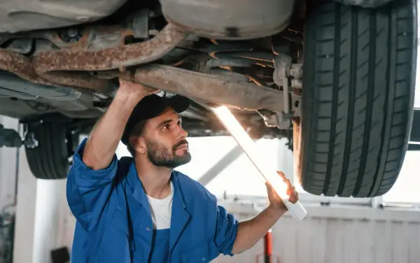 Mechanik w niebieskim kombinezonie oświetla latarką podwozie samochodu. Zastanawiasz się, ile trwa przegląd samochodu?