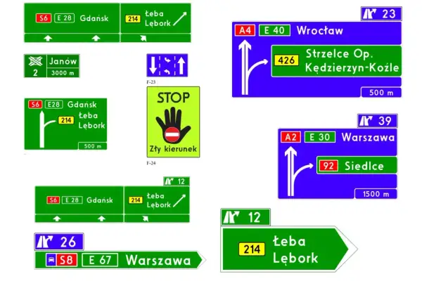 Nowe znaki drogowe pokazują kierunki do Gdańska, Łeby, Lęborka, Wrocławia, Strzelec Opolskich, Kędzierzyna-Koźla, Warszawy i Siedlec.