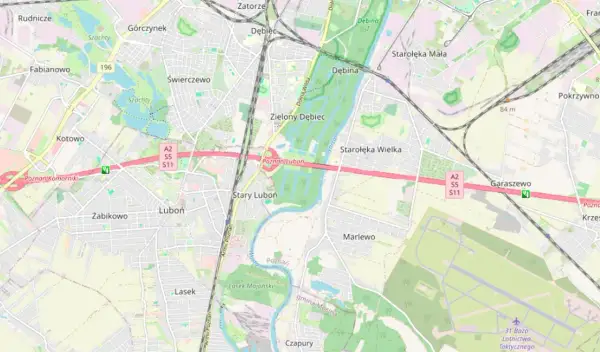 Mapa okolic Poznania z zaznaczoną autostradą A2, gdzie znajduje się **odcinkowy pomiar prędkości A2**. Widoczne miejscowości: Luboń, Dębiec, Garaszewo.