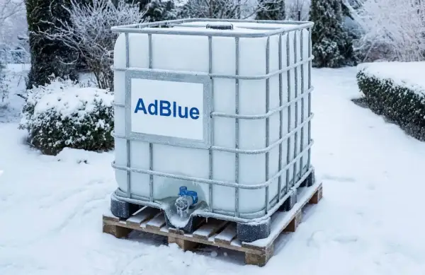 Duży zbiornik z AdBlue stoi na palecie w śniegu. Widać, że płyn w kraniku zamarzł, co sugeruje, czy AdBlue zamarza w niskich temperaturach.