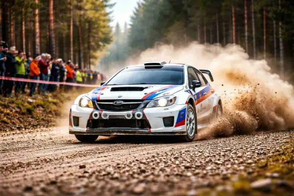 KJS co to? Rajdówka Subaru Impreza mknie po szutrowej drodze, wzbijając tumany kurzu. Widzowie obserwują zmagania na leśnym odcinku.