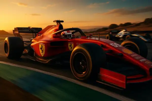 Czerwony bolid F1 z numerem 55 pędzi po torze o zachodzie słońca. Marzenie o tym, jak zostać kierowcą F1, staje się realne.