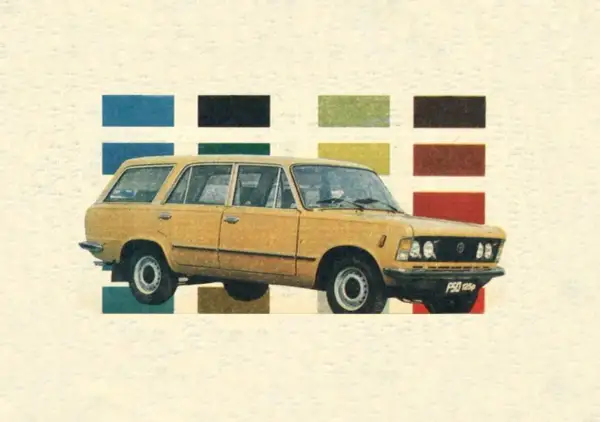 Żółty Fiat 125p kombi na tle palety barw: niebieski, czarny, zielony, brązowy, żółty, rudy, czerwony.